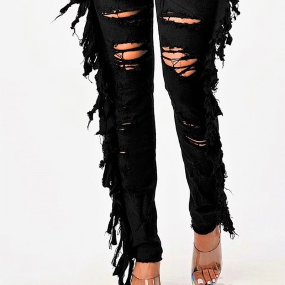 Black high rise distressed fringe jeans